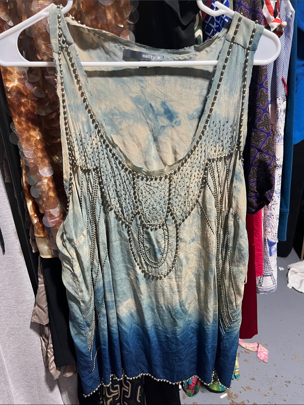 Matty M M Blue Ombre Macramé Beaded Tank Top